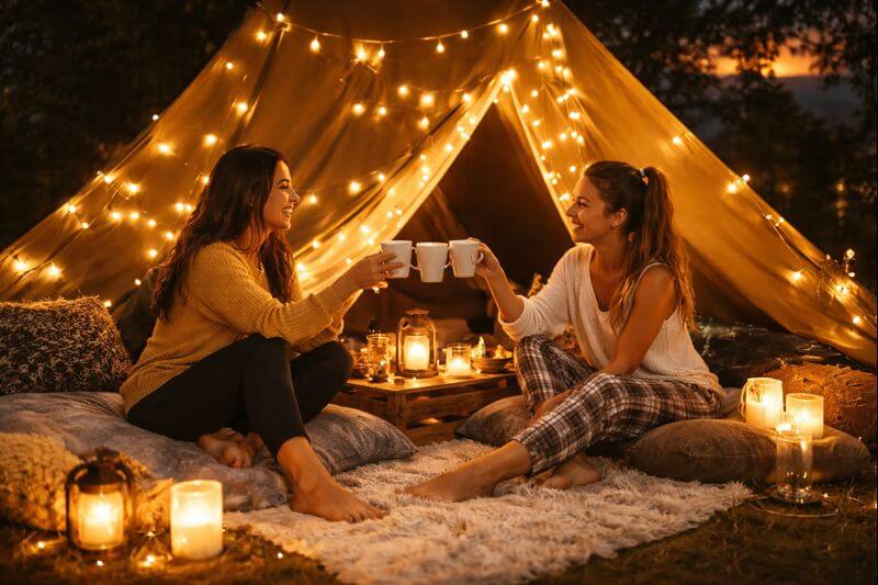 Noches de amigas en campamento con luces y fogata