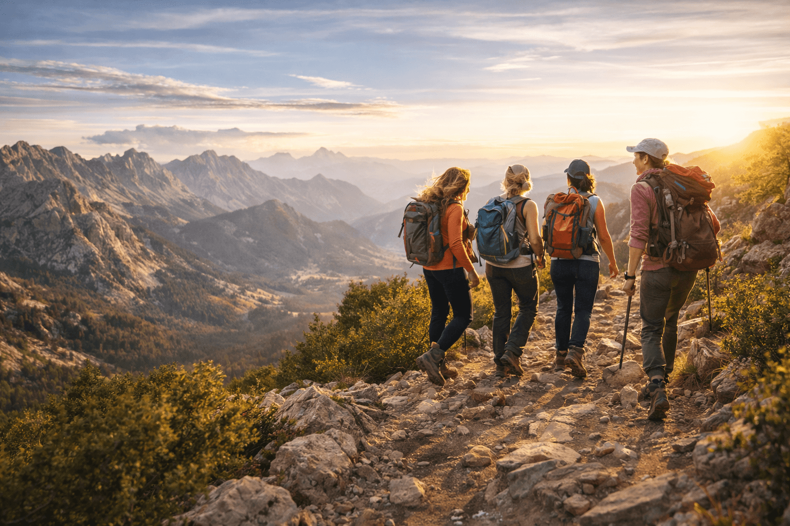 Mujeres disfrutando de trekking en paisaje natural